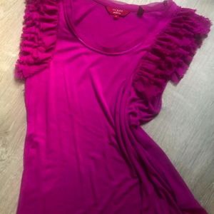 Ted Baker Size 4 Fuchsia Pink Purple Ruffle Shoulder Top Shirt